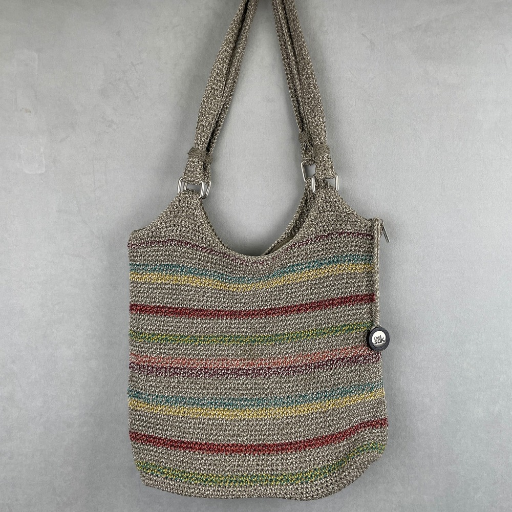 The Sak Belle Crochet Hobo Bag Striped Taupe Multicolor Y2K Hippie Shoulder Bag